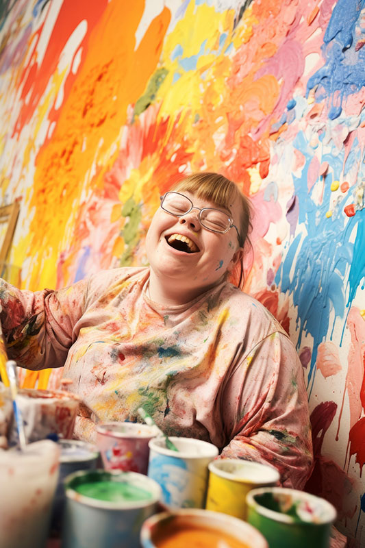 Female artist laughing while splattered with paint