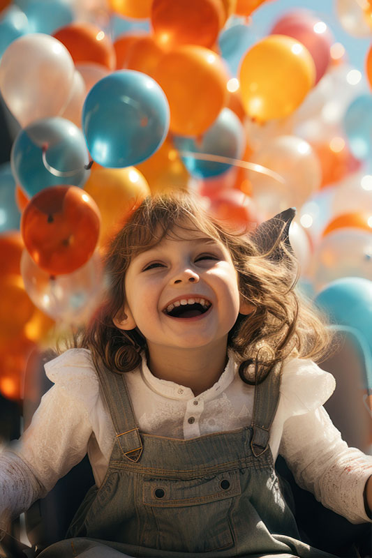 Girl in wheelchair surrounded by balloons smiling