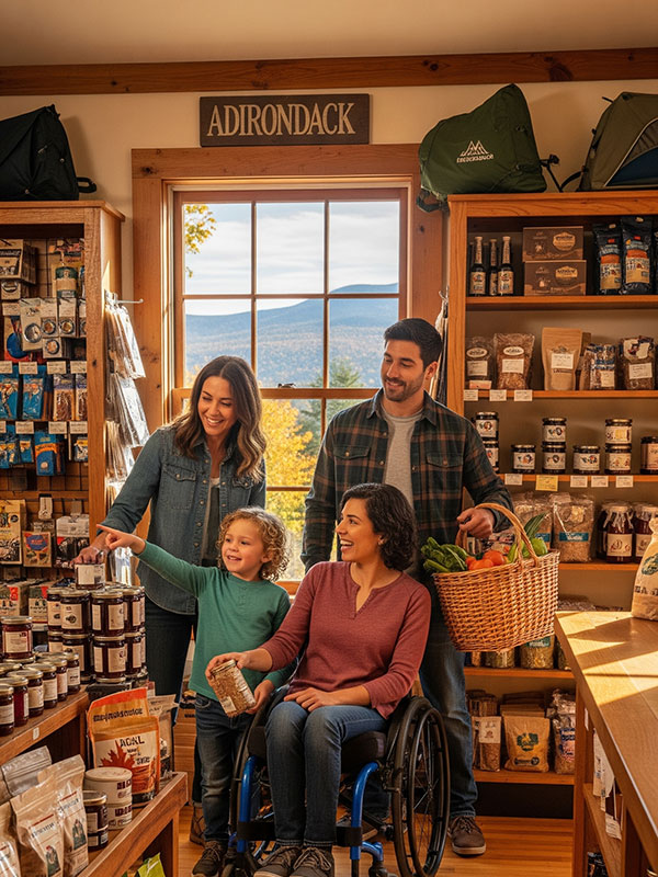 Family with a woman in a wheelchair shopping in the Adirondack region